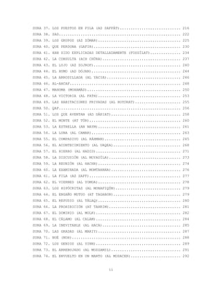 ii
SURA 37. LOS PUESTOS EN FILA (AS SAFFÁT)............................ 216
SURA 38. SAD........................................................ 222
SURA 39. LOS GRUPOS (AZ ZÓMAR)...................................... 225
SURA 40. QUE PERDONA (GAFIR)........................................ 230
SURA 41. HAN SIDO EXPLICADAS DETALLADAMENTE (FOSSÍLAT).............. 234
SURA 42. LA CONSULTA (ACH CHÚRA).................................... 237
SURA 43. EL LUJO (AZ ZOJROF)........................................ 240
SURA 44. EL HUMO (AD DÓJAN)......................................... 244
SURA 45. LA ARRODILLADA (AL YACIA).................................. 246
SURA 46. AL-AHCAF................................................... 248
SURA 47. MAHOMA (MOHAMÁD)........................................... 250
SURA 48. LA VICTORIA (AL FATH)...................................... 253
SURA 49. LAS HABITACIONES PRIVADAS (AL HOYORAT)..................... 255
SURA 50. QAF........................................................ 256
SURA 51. LOS QUE AVENTAN (AD DÁRIAT)................................ 258
SURA 52. EL MONTE (AT TÚR).......................................... 260
SURA 53. LA ESTRELLA (AN NAYM)...................................... 261
SURA 54. LA LUNA (AL CAMAR)......................................... 263
SURA 55. EL COMPASIVO (AL RÁHMAN)................................... 265
SURA 56. EL ACONTECIMIENTO (AL UAQEA)............................... 268
SURA 57. EL HIERRO (AL HADID)....................................... 271
SURA 58. LA DISCUSIÓN (AL MOYADÍLA)................................. 273
SURA 59. LA REUNIÓN (AL HACHR)...................................... 274
SURA 60. LA EXAMINADA (AL MOMTAHANA)................................ 276
SURA 61. LA FILA (AS SAFF).......................................... 277
SURA 62. EL VIERNES (AL YOMOA)...................................... 278
SURA 63. LOS HIPÓCRITAS (AL MONAFIQÚN).............................. 279
SURA 64. EL ENGAÑO MUTUO (AT TAGABON)............................... 279
SURA 65. EL REPUDIO (AL TÁLAQ)...................................... 280
SURA 66. LA PROHIBICIÓN (AT TAHRIM)................................. 281
SURA 67. EL DOMINIO (AL MOLK)....................................... 282
SURA 68. EL CÁLAMO (AL CALAM)....................................... 284
SURA 69. LA INEVITABLE (AL HACA).................................... 285
SURA 70. LAS GRADAS (AL MARIY)...................................... 287
SURA 71. NOÉ (NOH).................................................. 288
SURA 72. LOS GENIOS (AL YINN)....................................... 289
SURA 73. EL ARREBUJADO (AL MOZZAMIL)................................ 291
SURA 74. EL ENVUELTO EN UN MANTO (AL MODACER)....................... 292
 