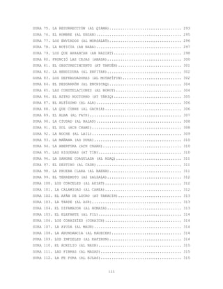 iii
SURA 75. LA RESURRECCIÓN (AL QIAMA)................................. 293
SURA 76. EL HOMBRE (AL ENSAN)....................................... 295
SURA 77. LOS ENVIADOS (AL MORSALAT)................................. 296
SURA 78. LA NOTICIA (AN NABA)....................................... 297
SURA 79. LOS QUE ARRANCAN (AN NAZIAT)............................... 298
SURA 80. FRUNCIÓ LAS CEJAS (ABASA).................................. 300
SURA 81. EL OBSCURECIMIENTO (AT TAKUÉR)............................. 301
SURA 82. LA HENDIDURA (AL ENFITAR).................................. 302
SURA 83. LOS DEFRAUDADORES (AL MOTAFÍFIN)........................... 302
SURA 84. EL DESGARRÓN (AL ENCHICAQ)................................. 304
SURA 85. LAS CONSTELACIONES (AL BORUY).............................. 304
SURA 86. EL ASTRO NOCTURNO (AT TÁRIQ)............................... 305
SURA 87. EL ALTÍSIMO (AL ALA)....................................... 306
SURA 88. LA QUE CUBRE (AL GACHIA)................................... 306
SURA 89. EL ALBA (AL FAYR).......................................... 307
SURA 90. LA CIUDAD (AL BALAD)....................................... 308
SURA 91. EL SOL (ACH CHAMS)......................................... 308
SURA 92. LA NOCHE (AL LAIL)......................................... 309
SURA 93. LA MAÑANA (AD DUHA)........................................ 310
SURA 94. LA ABERTURA (ACH CHARH).................................... 310
SURA 95. LAS HIGUERAS (AT TÍN)...................................... 310
SURA 96. LA SANGRE COAGULADA (AL ALAQ).............................. 311
SURA 97. EL DESTINO (AL CADR)....................................... 311
SURA 98. LA PRUEBA CLARA (AL BAENA)................................. 311
SURA 99. EL TERREMOTO (AZ ZALZALA).................................. 312
SURA 100. LOS CORCELES (AL ADIAT)................................... 312
SURA 101. LA CALAMIDAD (AL CAREA)................................... 312
SURA 102. EL AFÁN DE LUCRO (AT TAKACIR)............................. 313
SURA 103. LA TARDE (AL ASR)......................................... 313
SURA 104. EL DIFAMADOR (AL HOMAZA).................................. 313
SURA 105. EL ELEFANTE (AL FIL)...................................... 314
SURA 106. LOS CORAIXÍES (CORAICH)................................... 314
SURA 107. LA AYUDA (AL MAUN)........................................ 314
SURA 108. LA ABUNDANCIA (AL KAUECER)................................ 314
SURA 109. LOS INFIELES (AL KAFIRUN)................................. 314
SURA 110. EL AUXILIO (AL NASR)...................................... 315
SURA 111. LAS FIBRAS (AL MASAD)..................................... 315
SURA 112. LA FE PURA (AL EJLAS)..................................... 315
 