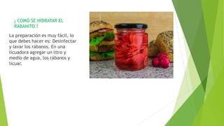 ¿ COMO SE HIDRATAR EL
RABANITO ?
La preparación es muy fácil, lo
que debes hacer es: Desinfectar
y lavar los rábanos. En una
licuadora agregar un litro y
medio de agua, los rábanos y
licuar.
 