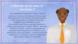 ¿ Donde se ve mas el
racismo ?
las localidades de California , Texas , Color El
racismo se ve mas en los Estados Unidos porque
incremento 182 % en términos de discriminación
racial, de acuerdo con el informe de la liga
antidifamación publicado en 2018.
Este estudio social destaco que esta situación se
afianzo principalmente en dado , Illinois , New york
, Florida y Virginia , donde la propagación de
campañas discriminatorias se evidencio con la
distribución masiva de folletos , volantes y anuncios
publicitarios , destinados a plantar la llamada
“Supremacion blanca” en territorio
.
 