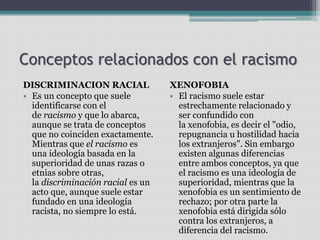 Conceptos relacionados con el racismo
DISCRIMINACION RACIAL
• Es un concepto que suele
identificarse con el
de racismo y que lo abarca,
aunque se trata de conceptos
que no coinciden exactamente.
Mientras que el racismo es
una ideología basada en la
superioridad de unas razas o
etnias sobre otras,
la discriminación racial es un
acto que, aunque suele estar
fundado en una ideología
racista, no siempre lo está.
XENOFOBIA
• El racismo suele estar
estrechamente relacionado y
ser confundido con
la xenofobia, es decir el "odio,
repugnancia u hostilidad hacia
los extranjeros". Sin embargo
existen algunas diferencias
entre ambos conceptos, ya que
el racismo es una ideología de
superioridad, mientras que la
xenofobia es un sentimiento de
rechazo; por otra parte la
xenofobia está dirigida sólo
contra los extranjeros, a
diferencia del racismo.
 