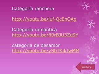 Categoría ranchera

http://youtu.be/luf-QcEnOAg
Categoria romantica
http://youtu.be/69rBJU3Zq9Y
categoria de desamor
http://youtu.be/ySbTKikJwMM

anterior

 