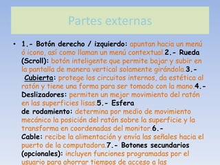 Partes externas
• 1.- Botón derecho / izquierdo: apuntan hacia un menú
  ó icono, así como llaman un menú contextual.2.- Rueda
  (Scroll): botón inteligente que permite bajar y subir en
  la pantalla de manera vertical solamente girándola.3.-
   Cubierta: protege los circuitos internos, da estética al
  ratón y tiene una forma para ser tomado con la mano.4.-
  Deslizadores: permiten un mejor movimiento del ratón
  en las superficies lisas.5.- Esfera
  de rodamiento: determina por medio de movimiento
  mecánico la posición del ratón sobre la superficie y la
  transforma en coordenadas del monitor.6.-
  Cable: recibe la alimentación y envía las señales hacia el
  puerto de la computadora.7.- Botones secundarios
  (opcionales): incluyen funciones programadas por el
  usuario para ahorrar tiempos de acceso a las
 