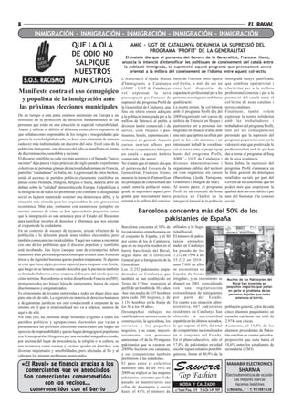 8                                                                                                                                                                EL RAVAL
           INMIGRACIÓN - INMIGRACIÓN - INMIGRACIÓN - INMIGRACIÓN - INMIGRACIÓN
                                    QUE LA OLA                               AMIC - UGT DE CATALUNYA DENUNCIA LA SUPRESSIÓ DEL
                                                                                     PROGRAMA 'PROFIT' DE LA GENERALITAT
                                    DE ODIO NO                           El mateix dia que el portaveu del Govern de la Generalitat, Francesc Homs,
                                     SALPIQUE                          anuncia la intenció d'intensificar les polítiques de coneixement del català entre
                                                                        la població immigrada, se suprimeixi aquest programa que precisament anava
                                     NUESTROS                              orientat a la millora del coneixement de l'idioma entre aquest col·lectiu

                                    MUNICIPIOS                         L'Associació d'Ajuda Mútua
                                                                       d'Immigrants a Catalunya
                                                                                                            ment de l'idioma entre aquest
                                                                                                            col·lectiu, a més de ser un
                                                                                                                                                 immigrada menys qualificada,
                                                                                                                                                 que combina operativitat i
                                                                       (AMIC - UGT de Catalunya)            excel·lent dispositiu de             efectivitat per a la millora
Manifiesto contra el uso demagógico                                    vol expressar la seva                capacitació professional per a les   professional concreta i per a la
                                                                       preocupació per l'anunci de          persones nouvingudes amb baixa       promoció del català entre el
 y populista de la inmigración ante                                    supressió del programa Profit de     qualificació.                        col·lectiu de nous catalans i
las próximas elecciones municipales                                    la Generalitat de Catalunya, que     La nostra entitat, ha col·laborat    noves catalanes.
                                                                       fins ara oferia cursos adreçats      amb el programa Profit des del       Finalment, també volem
De un tiempo a esta parte estamos asistiendo en Europa a un            a la població immigrada per a la     2009 organitzant vuit cursos de      expressar la nostra solidaritat
retroceso en la protección de derechos fundamentales de las            millora de l'atenció al públic a     millora de l'atenció en fleques i    amb les treballadores i
personas que están en una situación de especial vulnerabilidad.        diversos àmbit comercials i de       pastisseries per a persones im-      treballadors del programa Profit,
Atacar y utilizar al débil o al diferente como chivo expiatorio al     servei, com fleques i pas-           migrades en situació d'atur, amb     tant per les conseqüències
que señalar como responsable de los riesgos e inseguridades que        tisseries, hotels, supermercats i    una més que òptima acollida per      personals que la supressió del
genera la sociedad globalizada, no hace sino alimentar de manera       comerços en general. Aquests         part de les i els alumnes, i un      programa pugui tenir com per la
cada vez más indisimulada un discurso del odio. En el caso de la       cursos servien alhora per            interessant treball de coordina-     valoració més que positiva de la
población inmigrante, este discurso del odio se manifiesta en forma    millorar competències bàsiques       ció en xarxa entre el propi equip    professionalitat amb la que han
de discriminación, xenofobia y racismo.                                en català a aquests àmbits           humà del programa Profit,            dut a terme el programa al llarg
El discurso xenófobo es cada vez más agresivo, y el llamado "nuevo     comercials i de servei.              AMIC - UGT de Catalunya i            de la seva existència.
racismo" deja paso a viejas prácticas del siglo pasado: expulsiones    No s'entén que el mateix dia que     diverses administracions i           Sens dubte, la supressió del
colectivas de personas gitanas de nacionalidad rumana en Francia,      el portaveu del Govern de la         organismes públics del territori     programa Profit s'emmarca en
patrullas "ciudadanas" en Italia, etc. La gravedad de estos hechos,    Generalitat, Francesc Homs,          on vam organitzar els cursos         la línia general de dràstiques
unida al ascenso de partidos políticos claramente xenófobos en         anuncia la intenció d'intensificar   (Barcelona, Lleida, Tarragona,       retallades socials per part del
países como Holanda, Hungría, Bélgica o Suiza, debería abrir un        les polítiques de coneixement del    Granollers i Malgrat de Mar).        Govern de la Generalitat, que no
debate sobre la "calidad" democrática de Europa. Culpabilizar a        català entre la població immi-       Al nostre parer, el programa         poden més que empitjorar la
la inmigración de todos los problemas y no combatir la desigualdad     grada, se suprimeixi aquest pro-     Profit és un exemple de bona         qualitat dels serveis públics i per
social es la peor manera de sostener una democracia débil, y la        grama que precisament anava          pràctica en l'àmbit de la            tant del benestar i la cohesió
situación más cómoda para los responsables de esta grave crisis        orientat a la millora del coneixe-   integració laboral de la població    social.
económica. Más aún, contamos con numerosos ejemplos en
nuestro entorno de cómo se han aprovechado prejuicios como                        Barcelona concentra más del 50% de los
que la inmigración es una amenaza para el Estado del Bienestar
para justificar recortes de derechos y libertades que nos afectan                         pakistaníes de España
al conjunto de la ciudadanía.                                          Barcelona concentra el 56% de        afiliados a la Segu-
En un contexto de escasez de recursos, azuzar el temor de la           los pakistaníes empadronados en      ridad Social.
población a lo diferente puede tener réditos electorales, pero         el conjunto de España, y el 80       El número de pakis-
también consecuencias incalculables. Y aquí nos vamos a encontrar      por ciento de los de Catalunya,      taníes empadro-
con uno de los problemas que el discurso populista y xenófobo          que en su mayoría residen en el      nados en Catalunya
está incubando. Las leyes (aunque sean de extranjería) deben           barrio barcelonés del Raval,         ha pasado de los
transmitir a las próximas generaciones que existen unas fronteras      según datos de la Dirección          1.212 en 1998 a los
éticas y de dignidad humana que no pueden traspasarse. Si alguien      General por la Inmigración de la     35.252 en 2010 -
se cree que tiene algún permiso especial para traspasar este límite,   Generalitat.                         unos 7.000 de ellos
que luego no se lamente cuando descubra que la paciencia también       Los 32.252 pakistaníes empa-         se encuentran en
es limitada. Sabemos cómo empieza el discurso del miedo pero no        dronados en Catalunya, que           España de forma
cómo termina. Recordemos si no los disturbios de Francia en 2005,      también se han establecido en        irregular-, y su crecimiento se       Muchos de los Pakistaníes del
protagonizados por hijas e hijos de inmigrantes, hartos de seguir      Terres de l’Ebre, responden al       disparó en 2001, coincidiendo            Raval han invertido en
discriminados y estigmatizados.                                        perfil de un hombre de 30,4 años     con una regularización                pequeños negocios que palían
                                                                                                                                                   en parte el problema de las
Es el momento de levantar entre todas y todos un dique ético que       -hay una media de 635 hombres        extraordinaria de inmigrantes          persianas bajadas que tanto
pare esta ola de odio. La regresión en materia de derechos humanos     para cada 100 mujeres, y de          por parte del Estado.                       amenaza al barrio.
y de garantías jurídicas nos está conduciendo a un punto de no         1.154 hombres en la franja de        En cuanto a su situación admi-
retorno en el que la irracionalidad nos va a salpicar, seamos de       los 30 a los 44 años-.               nistrativa, 667 pakistaníes          población general, y dos de cada
aquí o de allá.                                                        Desempeñan trabajos no               residentes en Catalunya han          cinco alumnos paquistaníes en
Por todo ello, las personas abajo firmantes exigimos a todos los       cualificados en sectores como la     obtenido la nacionalidad             escuelas catalanas -un total de
partidos políticos y agrupaciones electorales que vayan a              construcción, la agricultura, los    española en los últimos seis años,   2.974- son chicas.
presentarse a las próximas elecciones municipales que hagan un         servicios y los pequeños             lo que supone el 61% del total       Asimismo, el 13,5% de los
ejercicio de responsabilidad y que no hagan demagogia ni populismo     negocios, y se casan, mayori-        de compatriotas nacionalizados       alumnos procedentes de Pakis-
con la inmigración. Abogamos por una sociedad integradora donde,       tariamente, con personas             en el conjunto del Estado.           tán estudian en centros privados,
por encima del lugar de procedencia, la religión o la cultura, se      autóctonas -45 de las 50 mujeres     En el plano educativo, sólo el       proporción que sube hasta el
nos reconozca como vecinas y vecinos iguales en derechos; con          pakistaníes que se casaron en        17,8% de pakistaníes en edad         18,6% entre los estudiantes de
diversas inquietudes y sensibilidades, pero afectadas al fin y al      2009 lo hicieron con catalanes,      escolar siguen estudios postobli-    secundaria (ESO)
cabo por los mismos problemas municipales.                             y sus compatriotas también           gatorios, frente al 40,9% de la
                                                                       prefirieron a las españolas-.
    «El Raval» se financia gracias a los
      comerciantes que ve anunciados
                                                                       El paro entre el colectivo
                                                                       aumentó más de un 50% en
                                                                       2009 -se triplicó en las mujeres
                                                                                                            Sawera                                MAHABIR ELECTRONICS
                                                                                                                                                          SHARMA
     Son comerciantes comprometidos                                    pakistaníes-, mientras que el año       Top Fashion                       Electrodomésticos de ocasión
                                                                                                                                                      Las mejores marcas
                     vecinos...
             con los vecinos ...                                       pasado se mantuvieron sus
                                                                                                                MODA Y CALZADO                        Hacemos boletines
                                                                       cifras de desempleo y creció
                                barrio
       comprometidos con el bar rio                                    hasta el 41% el número de             c/ Sant Pau, 115 · T: 626 149 305    c/Botella, 7 · T: 931881638
 