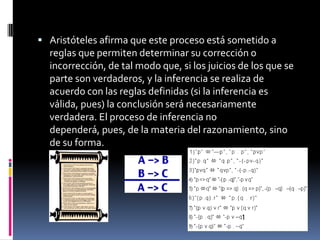  Aristóteles afirma que este proceso está sometido a
  reglas que permiten determinar su corrección o
  incorrección, de tal modo que, si los juicios de los que se
  parte son verdaderos, y la inferencia se realiza de
  acuerdo con las reglas definidas (si la inferencia es
  válida, pues) la conclusión será necesariamente
  verdadera. El proceso de inferencia no
  dependerá, pues, de la materia del razonamiento, sino
  de su forma.
 