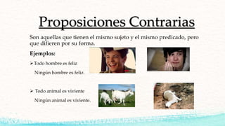 Proposiciones Contrarias
Son aquellas que tienen el mismo sujeto y el mismo predicado, pero
que difieren por su forma.
Ejemplos:
Todo hombre es feliz
Ningún hombre es feliz.
 Todo animal es viviente
Ningún animal es viviente.
 