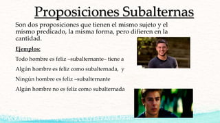 Proposiciones Subalternas
Son dos proposiciones que tienen el mismo sujeto y el
mismo predicado, la misma forma, pero difieren en la
cantidad.
Ejemplos:
Todo hombre es feliz –subalternante– tiene a
Algún hombre es feliz como subalternada, y
Ningún hombre es feliz –subalternante
Algún hombre no es feliz como subalternada
 