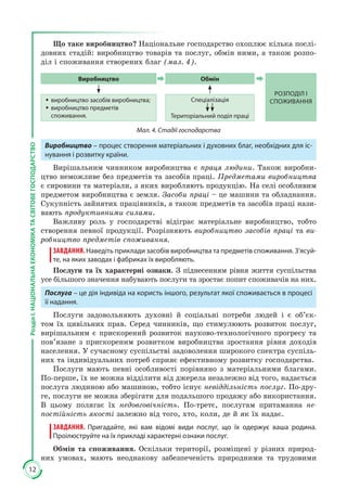 12
РозділІ.НАЦІОНАЛЬНАЕКОНОМІКАТАСВІТОВЕГОСПОДАРСТВО
Що таке виробництво? Національне господарство охоплює кілька послі­
довних стадій: виробництво товарів та послуг, обмін ними, а також розпо­
діл і споживання створених благ (мал. 4).
Виробництво Обмін
РОЗПОДІЛ І
СПОЖИВАННЯŠŠ виробництво засобів виробництва;
ŠŠ виробництво предметів
споживання.
Спеціалізація
Територіальний поділ праці
Мал. 4. Стадії господарства
Виробництво – процес створення матеріальних і духовних благ, необхідних для іс-
нування і розвитку країни.
Вирішальним чинником виробництва є праця людини. Також виробни­
цтво неможливе без предметів та засобів праці. Предметами виробництва
є сировини та матеріали, з яких виробляють продукцію. На селі особливим
предметом виробництва є земля. Засоби праці – це машини та обладнання.
Сукупність зайнятих працівників, а також предметів та засобів праці нази­
вають продуктивними силами.
Важливу роль у господарстві відіграє матеріальне виробництво, тобто
створення певної продукції. Розрізняють виробництво засобів праці та ви-
робництво предметів споживання.
ЗАВДАННЯ.Наведіть приклади засобів виробництва та предметів споживання. З’ясуй-
те, на яких заводах і фабриках їх виробляють.
Послуги та їх характерні ознаки. З піднесенням рівня життя суспільства
усе більшого значення набувають послуги та зростає попит споживачів на них.
Послуга – це дія індивіда на користь іншого, результат якої споживається в процесі
її надання.
Послуги задовольняють духовні й соціальні потреби людей і є об’єк­
том їх цивільних прав. Серед чинників, що стимулюють розвиток послуг,
вирішальним є прискорений розвиток науково-технологічного прогресу та
пов’язане з прискореним розвитком виробництва зростання рівня доходів
населення. У сучасному суспільстві задоволення широкого спектра суспіль­
них та індивідуальних потреб сприяє ефективному розвитку господарства.
Послуги мають певні особливості порівняно з матеріальними благами.
По-перше, їх не можна відділити від джерела незалежно від того, надається
послуга людиною або машиною, тобто існує невіддільність послуг. По-дру­
ге, послуги не можна зберігати для подальшого продажу або використання.
В цьому полягає їх недовговічність. По-третє, послугам притаманна не-
постійність якості залежно від того, хто, коли, де й як їх надає.
ЗАВДАННЯ. Пригадайте, які вам відомі види послуг, що їх одержує ваша родина.
Проілюструйте на їх прикладі характерні ознаки послуг.
Обмін та споживання. Оскільки території, розміщені у різних природ­
них умовах, мають неоднакову забезпеченість природними та трудовими
 
