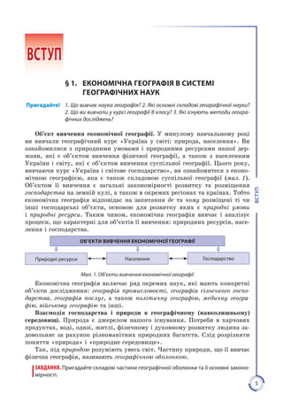 5
ВСТУП
 ВСТУП
§ 1.	 ЕКОНОМІЧНА ГЕОГРАФІЯ В СИСТЕМІ
ГЕОГРАФІЧНИХ НАУК
Пригадайте!	 1. Що вивчає наука географія? 2. Які основні складові географічної науки?
2. Що ви вивчали у курсі географії 8 класу? 3. Які існують методи геогра-
фічних досліджень?
Об’єкт вивчення економічної географії. У минулому навчальному році
ви вивчали географічний курс «Україна у світі: природа, населення». Ви
ознайомилися з природними умовами і природними ресурсами нашої дер­
жави, які є об’єктом вивчення фізичної географії, а також з населенням
України і світу, які є об’єктом вивчення суспільної географії. Цього року,
вивчаючи курс «Україна і світове господарство», ви ознайомитеся з еконо­
мічною географією, яка є також складовою суспільної географії (мал. 1).
Об’єктом її вивчення є загальні закономірності розвитку та розміщення
господарства на земній кулі, а також в окремих регіонах та країнах. Тобто
економічна географія відповідає на запитання де та чому розміщені ті чи
інші господарські об’єкти, основою для розвитку яких є природні умови
і природні ресурси. Таким чином, економічна географія вивчає і аналізує
процеси, що характерні для об’єктів її вивчення: природних ресурсів, насе­
лення і господарства.
ОБ’ЄКТИ ВИВЧЕННЯ ЕКОНОМІЧНОЇ ГЕОГРАФІЇ
Населення ГосподарствоПриродні ресурси
Мал. 1. Об’єкти вивчення економічної географії
Економічна географія включає ряд окремих наук, які мають конкретні
об’єкти дослідження: географія промисловості, географія сільського госпо-
дарства, географія послуг, а також політичну географію, медичну геогра-
фію, військову географію та інші.
Взаємодія господарства і природи в географічному (навколишньому)
середовищі. Природа є джерелом нашого існування. Потреби в харчових
продуктах, воді, одязі, житлі, фізичному і духовному розвитку людина за­
довольняє за рахунок різноманітних природних багатств. Слід розрізняти
поняття «природа» і «природне середовище».
Так, під природою розуміють увесь світ. Частину природи, що її вивчає
фізична географія, називають географічною обо­лонкою.
ЗАВДАННЯ. Пригадайте складові частини географічної оболонки та її основні законо­
мірності.
 