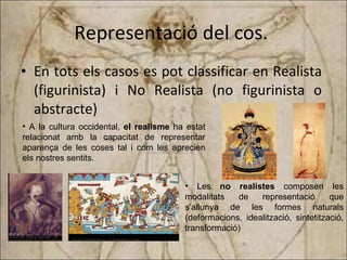Representació del cos.  En tots els casos es pot classificar en Realista (figurinista) i No Realista (no figurinista o abstracte) A la cultura occidental,  el realisme  ha estat relacionat amb la capacitat de representar aparença de les coses tal i com les aprecien els nostres sentits. Les  no realistes  composen les modalitats de representació que s’allunya de les formes naturals (deformacions, idealització, sintetització, transformació) 