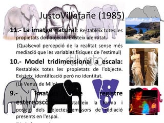 JustoVillafañe (1985) 11.- La imatge natural :  Restableix totes les propietats de l'objecte. Existeix identitat. (Qualsevol percepció de la realitat sense més mediació que les variables físiques de l'estímul) 10.- Model tridimensional a escala:  Restableix totes les propietats de l'objecte. Existeix  identificació però no identitat.  (La Venus de Milo) 9.- Imatges de registre estereoscòpic:  Restableix la forma i posició dels objectes emissors de radiació presents en l'espai.  (Un holograma) 