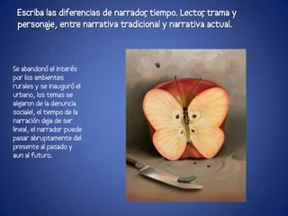 Escriba las diferencias de narrador tiempo. Lector trama y
                                   ,              ,
 persona entre narrativa tradicional y narrativa actual.
         je,



Se abandonó el interés
por los ambientes
rurales y se inauguró el
urbano, los temas se
alejaron de la denuncia
socialel, el tiempo de la
narración de de ser
              ja
lineal, el narrador puede
pasar abruptamente del
presente al pasado y
aun al futuro.
 