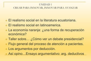 UNIDAD 1
CREAR PARA INNOVAR, INNOVAR PARA AVANZAR
 El realismo social en la literatura ecuatoriana.
 El realismo social en latinoamerica.
 La economía naranja: ¿una forma de recuperación
económica?
 Taller sobre… ¿Cómo ver un debate presidencial?
 Flujo general del proceso de atención a pacientes.
 Los argumentos por deducción.
 Así opino…Ensayo argumentativo: arg. deductivos
 