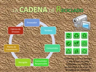 Envasador

    Fabrica de
                                    Tendero
     Envases




 Planta de
                                      Consumidor
Tratamiento


                                                   Símbolos que nos ayudan
                            Consumidor               a diferenciar aquellos
              Recogida
                            Responsable             materiales reciclados o
                                                   reutilizables a lo largo de
                                                    la cadena de reciclado.
 