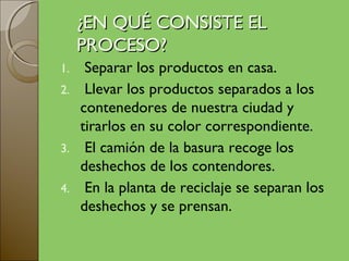 ¿EN QUÉ CONSISTE EL
     PROCESO?
1.  Separar los productos en casa.
2. Llevar los productos separados a los
   contenedores de nuestra ciudad y
   tirarlos en su color correspondiente.
3. El camión de la basura recoge los
   deshechos de los contendores.
4. En la planta de reciclaje se separan los
   deshechos y se prensan.
 