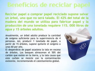 Reciclar papel o comprar papel reciclado supone salvar
un árbol, uno que no será talado. El 42% del total de la
madera del mundo se utiliza para fabricar papel y la
producción de una tonelada requiere 115. 000 litros de
agua y 15 árboles adultos.
Anualmente, un árbol adulto produce la cantidad
de oxígeno suficiente para la supervivencia de 4
personas. Así, producir 1 tonelada de papel, a
partir de 15 árboles, supone quitarle el oxígeno a
unas 60 por año.
El desperdicio de papel ocasiona la tala en exceso
de árboles. Los bosques almacenan el 50% del
carbón que existe en la tierra, y la tala causa que
este carbón se mezcle con la contaminación
existente, incrementando el calentamiento global.
 