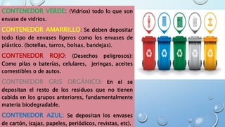 CONTENEDOR VERDE: (Vidrios) todo lo que son
envase de vidrios.
CONTENEDOR AMARRILLO: Se deben depositar
todo tipo de envases ligeros como los envases de
plástico. (botellas, tarros, bolsas, bandejas).
CONTENEDOR ROJO: (Desechos peligrosos):
Como pilas o baterías, celulares, jeringas, aceites
comestibles o de autos.
CONTENEDOR GRIS ORGÁNICO: En el se
depositan el resto de los residuos que no tienen
cabida en los grupos anteriores, fundamentalmente
materia biodegradable.
CONTENEDOR AZUL: Se depositan los envases
de cartón, (cajas, papeles, periódicos, revistas, etc).
 