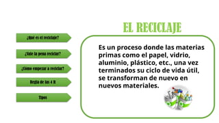 EL RECICLAJE
¿Vale la pena reciclar?
¿Qué es el reciclaje?
¿Cómo empezar a reciclar?
Regla de las 4 R
Tipos
Es un proceso donde las materias
primas como el papel, vidrio,
aluminio, plástico, etc., una vez
terminados su ciclo de vida útil,
se transforman de nuevo en
nuevos materiales.
 