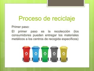 Proceso de reciclaje
Primer paso:
El primer paso es la recolección (los
consumidores pueden entregar los materiales
metálicos a los centros de recogida específicos)
 