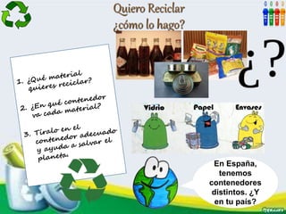 Quiero Reciclar
¿cómo lo hago?
En España,
tenemos
contenedores
distintos. ¿Y
en tu país?
 
