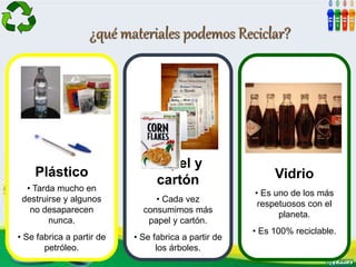 ¿qué materiales podemos Reciclar?
Plástico
• Tarda mucho en
destruirse y algunos
no desaparecen
nunca.
• Se fabrica a partir de
petróleo.
Vidrio
• Es uno de los más
respetuosos con el
planeta.
• Es 100% reciclable.
Papel y
cartón
• Cada vez
consumimos más
papel y cartón.
• Se fabrica a partir de
los árboles.
 