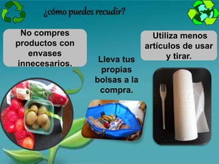 No compres
productos con
envases
innecesarios.
Utiliza menos
artículos de usar
y tirar.
¿cómo puedes recudir?
Lleva tus
propias
bolsas a la
compra.
 
