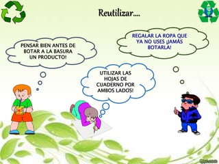 REGALAR LA ROPA QUE
YA NO USES ¡JAMÁS
BOTARLA!PENSAR BIEN ANTES DE
BOTAR A LA BASURA
UN PRODUCTO!
UTILIZAR LAS
HOJAS DE
CUADERNO POR
AMBOS LADOS!
Reutilizar….
 