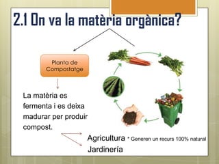 Planta de                       Ecoparcs
      Compostatge                     metropolitans



La matèria es               Produeixen biogàs
fermenta i es deixa         que es transforma
madurar per produir         en energia elèctrica.
compost.
                    Agricultura * Generen un recurs 100% natural
                    Jardinería
 