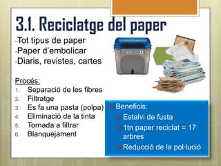 -Tottipus de paper
-Paper d’embolicar
-Diaris, revistes, cartes

Procés:
1. Separació de les fibres
2. Filtratge
3. Es fa una pasta (polpa)    Beneficis:
4. Eliminació de la tinta       Estalvide fusta
5. Tornada a filtrar            1tn paper reciclat = 17
6. Blanquejament                 arbres
                                Reducció de la pol·lució
 