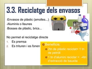 -Envasos  de plàstic (amolles...)
-Aluminis o llaunes
-Bosses de plàstic, brics...


No permet el reciclatge directe
1. Es premsa
                            Beneficis:
2. Es trituren i es fonen
                              2tn de plàstic reciclat= 1 tn
                               de petròli
                              1 tn d’alumini reciclar = -4tn
                               d’extracció de bauxita
 