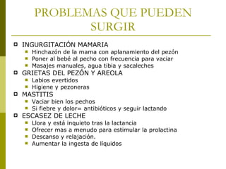 PROBLEMAS QUE PUEDEN SURGIR INGURGITACIÓN MAMARIA Hinchazón de la mama con aplanamiento del pezón Poner al bebé al pecho con frecuencia para vaciar Masajes manuales, agua tibia y sacaleches GRIETAS DEL PEZÓN Y AREOLA Labios evertidos Higiene y pezoneras MASTITIS Vaciar bien los pechos Si fiebre y dolor= antibióticos y seguir lactando ESCASEZ DE LECHE Llora y está inquieto tras la lactancia Ofrecer mas a menudo para estimular la prolactina Descanso y relajación. Aumentar la ingesta de líquidos 