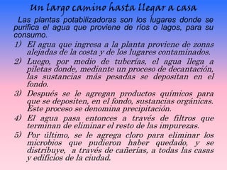 Un largo camino hasta llegar a casa
 Las plantas potabilizadoras son los lugares donde se
purifica el agua que proviene de ríos o lagos, para su
consumo.
1) El agua que ingresa a la planta proviene de zonas
   alejadas de la costa y de los lugares contaminados.
2) Luego, por medio de tuberías, el agua llega a
   piletas donde, mediante un proceso de decantación,
   las sustancias más pesadas se depositan en el
   fondo.
3) Después se le agregan productos químicos para
   que se depositen, en el fondo, sustancias orgánicas.
   Este proceso se denomina precipitación.
4) El agua pasa entonces a través de filtros que
   terminan de eliminar el resto de las impurezas.
5) Por último, se le agrega cloro para eliminar los
   microbios que pudieron haber quedado, y se
   distribuye, a través de cañerías, a todas las casas
   y edificios de la ciudad.
 