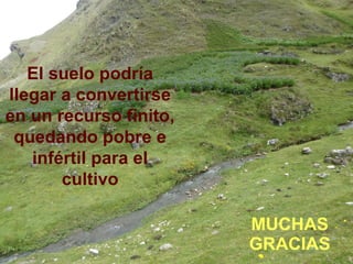 MUCHAS
GRACIAS
El suelo podría
llegar a convertirse
en un recurso finito,
quedando pobre e
infértil para el
cultivo
 