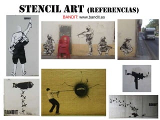 Conocer y aplicar la técnica del stencil (estarcido) o plantilla con spray para la obtención de un mural. Extrapolar manifestaciones visuales propias del diseño textil a otros medios de representación como es el grafiti o la pintura mural. Del mismo modo que apropiarse de una técnica artística para desarrollar otros lenguajes expresivos generalmente no asociados a ella.