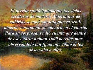 El perrito subió lentamente las viejasEl perrito subió lentamente las viejas
escaleras de madera. Al terminarescaleras de madera. Al terminar dede
subirlas se topó con una puerta semi-subirlas se topó con una puerta semi-
abierta; lentamente se adentroabierta; lentamente se adentro enen el cuarto.el cuarto.
Para su sorpresa, se dio cuenta que dentroPara su sorpresa, se dio cuenta que dentro
de ese cuartode ese cuarto habían 1000 perritos más,habían 1000 perritos más,
observándolo tan fijamente como él losobservándolo tan fijamente como él los
observaba a ellos.observaba a ellos.
 
