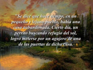 "Se dice que hace tiempo, en un pequeño y lejano pueblo, había una casa  a abandonada. Cierto día, un perrito buscando refugio del sol, logró   meterse por un agujero de una de las puertas de dicha casa. 