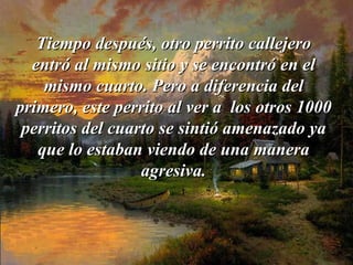 Tiempo después, otro perrito callejero   entró al mismo sitio y se   encontró   en el mismo cuarto. Pero a diferencia del primero, este perrito al ver   a   los otros 1000 perritos del cuarto se sintió   amenazado ya que lo estaban viendo de una manera agresiva. 