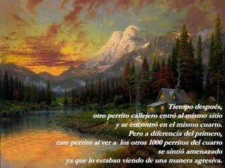 Tiempo después,
            otro perrito callejero entró al mismo sitio
                     y se encontró en el mismo cuarto.
                         Pero a diferencia del primero,
este perrito al ver a los otros 1000 perritos del cuarto
                                   se sintió amenazado
   ya que lo estaban viendo de una manera agresiva.
 