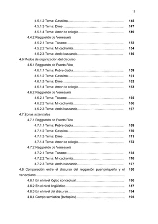 11

          4.5.1.2 Tema: Gasolina…..…………………………………………                   145
          4.5.1.3 Tema: Dime……….………………………………………...                    147
          4.5.1.4 Tema: Amor de colegio.……………………………………                149
     4.4.2 Reggaetón de Venezuela
          4.5.2.1 Tema: Tócame……………………………………………...                    152
          4.5.2.2 Tema: Mi cachorrita...………………………………………               154
          4.5.2.3 Tema: Ando buscando..…………………………………...               156
4.6 Modos de organización del discurso
     4.6.1 Reggaetón de Puerto Rico
          4.6.1.1 Tema: Pobre diabla………………………………………...                159
          4.6.1.2 Tema: Gasolina…..…………………………………………                   161
          4.6.1.3 Tema: Dime……….………………………………………...                    162
          4.6.1.4 Tema: Amor de colegio.……………………………………                163
     4.6.2 Reggaetón de Venezuela
          4.6.2.1 Tema: Tócame……………………………………………...                    165
          4.6.2.2 Tema: Mi cachorrita...………………………………………               166
          4.6.2.3 Tema: Ando buscando...………………………………......            167
4.7 Zonas actanciales
     4.7.1 Reggaetón de Puerto Rico
          4.7.1.1 Tema: Pobre diabla………………………………………...                169
          4.7.1.2 Tema: Gasolina…..…………………………………………                   170
          4.7.1.3 Tema: Dime……….………………………………………...                    171
          4.7.1.4 Tema: Amor de colegio.……………………………………                172
     4.7.2 Reggaetón de Venezuela
          4.7.2.1 Tema: Tócame……………………………………………...                    175
          4.7.2.2 Tema: Mi cachorrita...………………………………………               176
          4.7.2.3 Tema: Ando buscando...………………………………......            177
4.8 Comparación entre el discurso del reggaetón puertorriqueño y el   180
venezolano…………………………………………………………………………
     4.8.1 En el nivel lógico conceptual………………………………….……              180
     4.8.2 En el nivel lingüístico………………………………………………..                187
     4.8.3 En el nivel del discurso………………………….…………………..               194
     4.8.4 Campo semiótico (Isotopías)……………………………………….                195
 