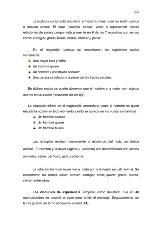 202

       La isotopía social está vinculada al hombre/ mujer quienes están unidos
o desean unirse. El sexo (isotopía sexual) viene a representar dichas
relaciones de pareja porque está presente en 6 de las 7 muestras con semas
como: entregar, gozar, besar, utilizar, atrever y ganar.


       En el reggaetón boricua se encontraron los siguientes nudos
semánticos:
       Una mujer llora y sufre
       Un hombre quiere
       Un hombre / una mujer/ seducen
       Una pareja se relaciona a pesar de las trabas sociales


   En dichos nudos se puede observar que el hombre y la mujer son sujetos
activos en la acción (relaciones de pareja).


   La situación difiere en el reggaetón venezolano, pues el hombre es quien
ejecuta la acción en todo momento y esto se aprecia en los nudos semánticos:
          Un hombre seduce
          Un hombre quiere
          Un hombre busca



       Las isotopías revelan nuevamente la existencia del nudo semántico

animal. El hombre y la mujer (agente / paciente) son denominados con semas

animales: perro, cachorro, gata, cachorra.



       La relación hombre/ mujer viene dada por la isotopía sexual/ animal. Se
encontraron los semas: besar, atrever, entregar, amor, querer, gozar, perreo,
clavar, entre otros.


       Los dominios de experiencia arrojaron como resultado que en 48
oportunidades se recurrió al sexo para emitir el mensaje. Seguidamente las
letras giraron en torno al dominio animal (14).
 
