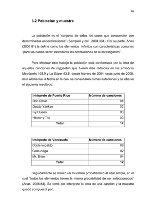 80


      3.2 Población y muestra


      La población es el “conjunto de todos los casos que concuerdan con
determinadas especificaciones” (Sampieri y col., 2004:304). Por su parte, Arias
(2006:81) la define como los elementos infinitos con características comunes
“para los cuales serán extensivas las conclusiones de la investigación”.


      Para efectuar este trabajo la población está conformada por la letra de
aquellas canciones de reggaetón que fueron más radiadas en las emisoras
Metrópolis 103.9 y La Súper 93.5, desde febrero de 2004 hasta junio de 2005,
ésta última fue la fecha en la cual se consultaron dichas estaciones y se obtuvo
el siguiente resultado:


       Intérprete de Puerto Rico                Número de canciones
       Don Omar                                                       08
       Daddy Yankee                                                   03
       Ivy Queen                                                      03
       Héctor y Tito                                                  03
                          Total                                       17




       Intérprete de Venezuela                  Número de canciones
       Doble impakto                                                  06
       Calle ciega                                                    02
       Mr. Brian                                                      04
                          Total                                       12


      Seguidamente se realizó un muestreo probabilístico al azar simple, en el
cual “todos los elementos tienen la misma probabilidad de ser seleccionados”
(Arias, 2006:83). Se tomó por intérprete la letra de una canción y la muestra
quedó compuesta por:
 