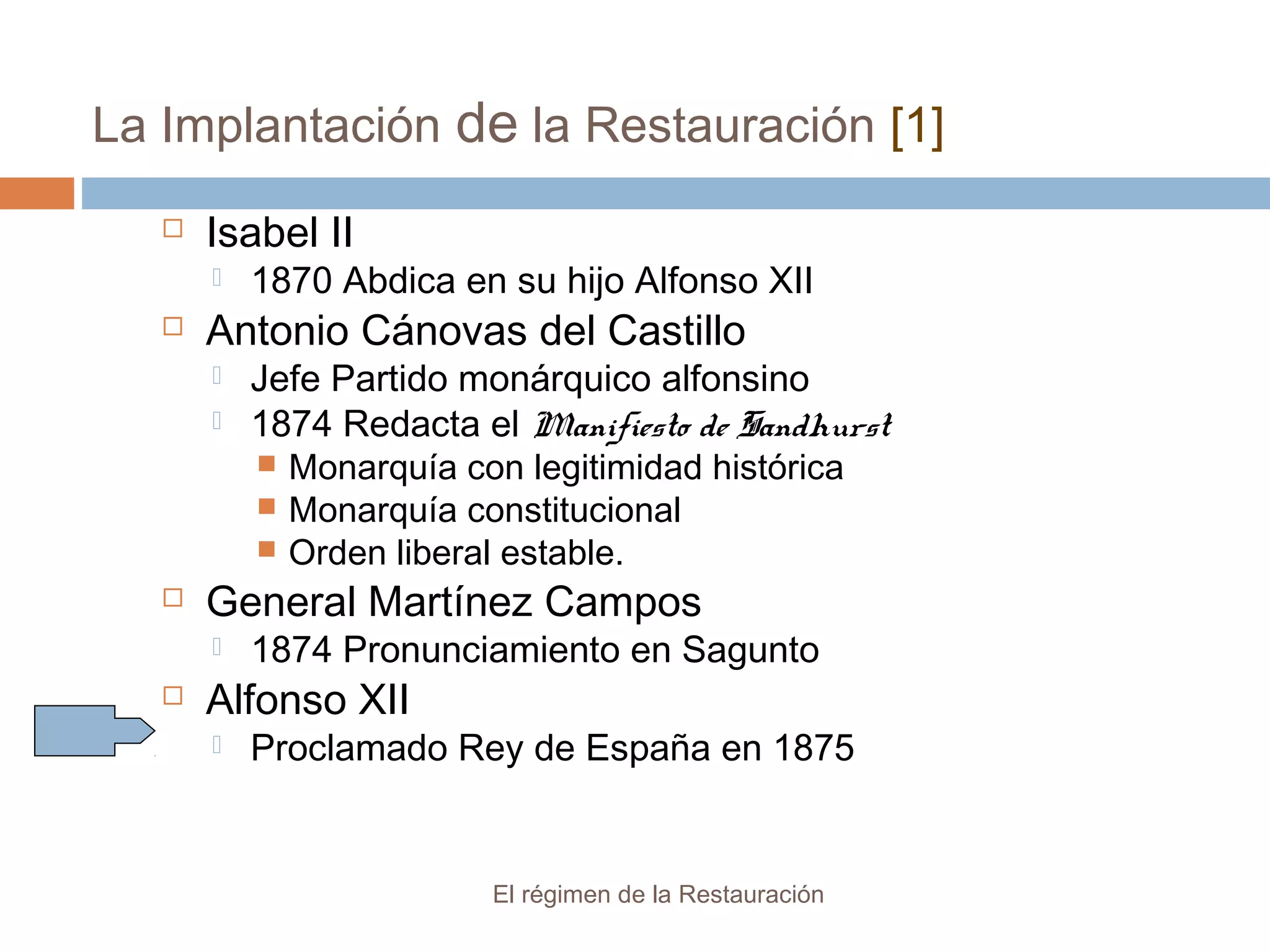 La Implantación de la Restauración [1]
El régimen de la Restauración
 Isabel II
 1870 Abdica en su hijo Alfonso XII
 Antonio Cánovas del Castillo
 Jefe Partido monárquico alfonsino
 1874 Redacta el Manifiesto de Sandhurst
 Monarquía con legitimidad histórica
 Monarquía constitucional
 Orden liberal estable.
 General Martínez Campos
 1874 Pronunciamiento en Sagunto
 Alfonso XII
 Proclamado Rey de España en 1875
 
