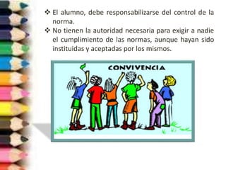  El alumno, debe responsabilizarse del control de la
norma.
 No tienen la autoridad necesaria para exigir a nadie
el cumplimiento de las normas, aunque hayan sido
instituidas y aceptadas por los mismos.
 