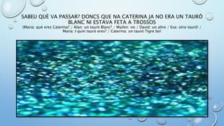 SABEU QUÈ VA PASSAR? DONCS QUE NA CATERINA JA NO ERA UN TAURÓ
BLANC NI ESTAVA FETA A TROSSOS
(Maria: què eres Caterina? / Alan: un tauró Blanc? / Mailen: no / David: un altre / Eva: otro tauró! /
Maria: I quin tauró eres? / Caterina: un tauró Tigre bo!
 