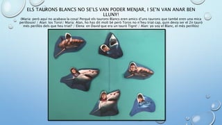 ELS TAURONS BLANCS NO SE’LS VAN PODER MENJAR, I SE’N VAN ANAR BEN
LLUNY!
(Maria: però aquí no acabava la cosa! Perquè els taurons Blancs eren amics d’uns taurons que també eren una mica
perillosos! / Alan: los Toro!/ Maria: Alan, ho has dit molt bé però Toros no n’heu triat cap, quin devia ser el 2n tauró
més perillós dels que heu triat? / Elena: en David que era un tauró Tigre! / Alan: yo soy el Blanc, el més perillós)
 