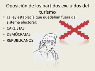 Oposición de los partidos excluidos del
                turismo
• La ley establecía que quedaban fuera del
  sistema electoral:
• CARLISTAS
• DEMÓCRATAS
• REPUBLICANOS
 