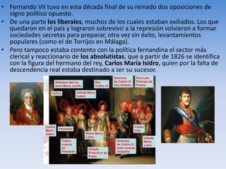 • Fernando VII tuvo en esta década final de su reinado dos oposiciones de
signo político opuesto.
• De una parte los liberales, muchos de los cuales estaban exiliados. Los que
quedaron en el país y lograron sobrevivir a la represión volvieron a formar
sociedades secretas para preparar, otra vez sin éxito, levantamientos
populares (como el de Torrijos en Málaga).
• Pero tampoco estaba contento con la política fernandina el sector más
clerical y reaccionario de los absolutistas, que a partir de 1826 se identifica
con la figura del hermano del rey, Carlos María Isidro, quien por la falta de
descendencia real estaba destinado a ser su sucesor.
 