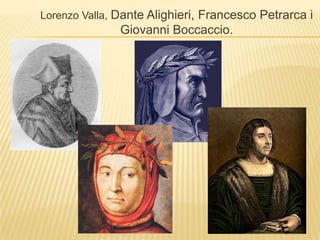 Lorenzo Valla, Dante Alighieri, Francesco Petrarca i Giovanni Boccaccio.<br />