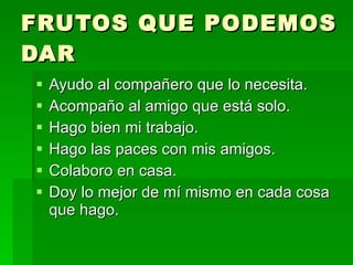FRUTOS QUE PODEMOS DAR Ayudo al compañero que lo necesita.  Acompaño al amigo que está solo. Hago bien mi trabajo. Hago las paces con mis amigos. Colaboro en casa. Doy lo mejor de mí mismo en cada cosa que hag o. 
