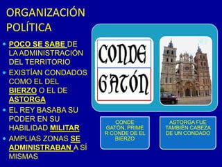 ORGANIZACIÓN POLÍTICAPOCO SE SABE DE LA ADMINISTRACIÓN DEL TERRITORIOEXISTÍAN CONDADOS COMO EL DEL BIERZO O EL DE ASTORGAEL REY BASABA SU PODER EN SU HABILIDAD MILITARAMPLIAS ZONAS SE ADMINISTRABAN A SÍ MISMAS
